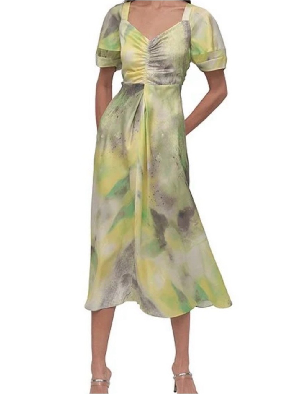 DKNY Midi Square-Neck Dress in Yellow Green Print (NWT)